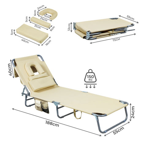 Levede Foldable Beach Lounge Chairs with Face Hole Khaki-2018816828662484994