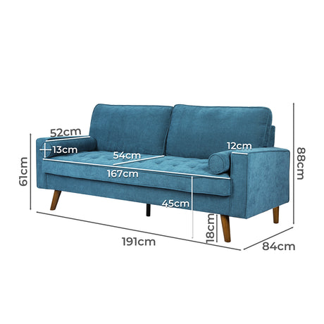 Levede Fabric Sofa Armchair 3 Seater Couch Blue 191cm Wide-1954802588826341378