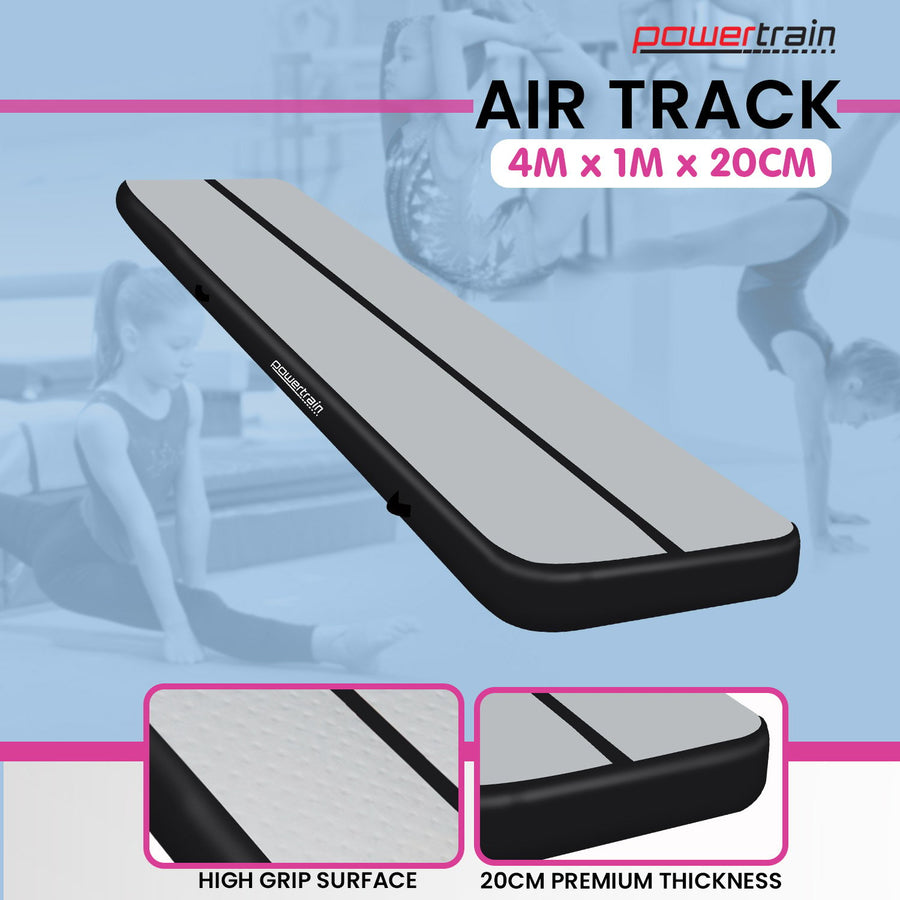 Powertrain 4m x 1m Air Track Inflatable Gymnastics Mat - Grey Black