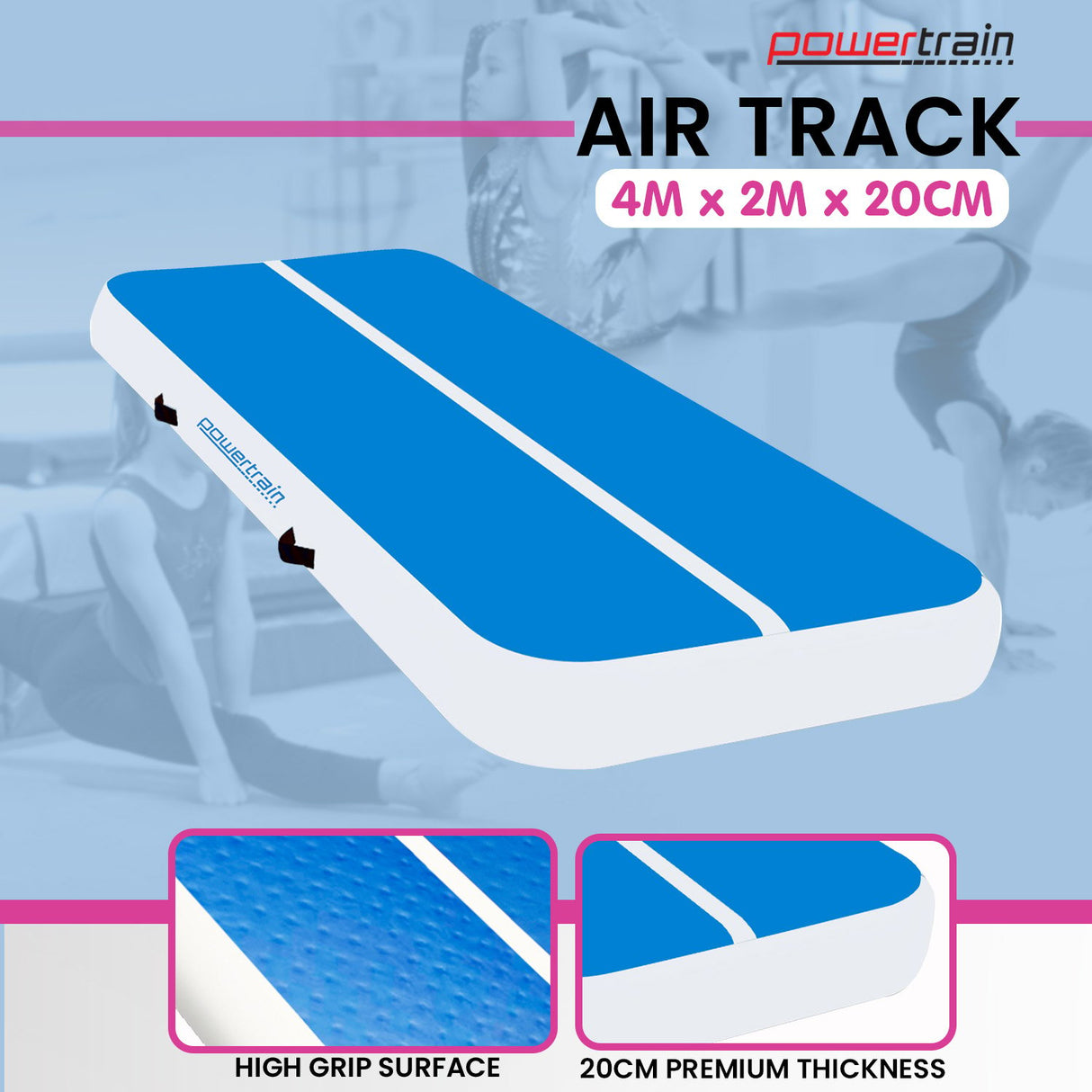 Powertrain 4m x 2m x 20cm Air Track Gymnastics Mat Tumbling Exercise - Blue White