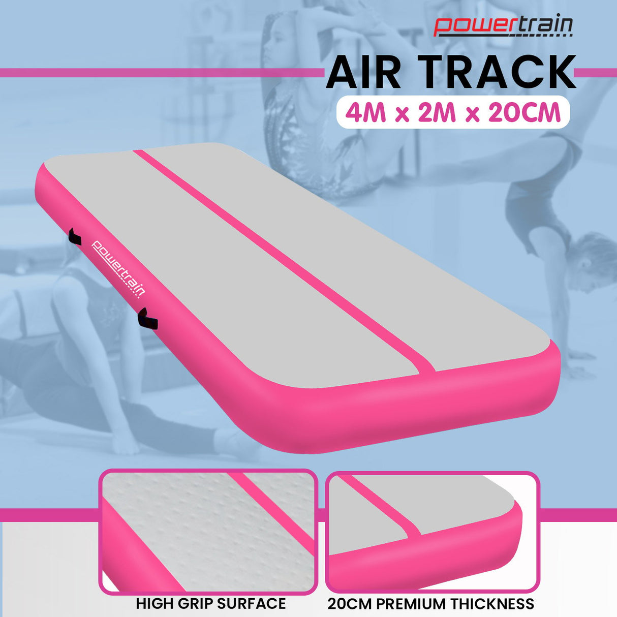Powertrain 4m x 2m x 20cm Air Track Gymnastics Mat Tumbling Exercise - Grey Pink