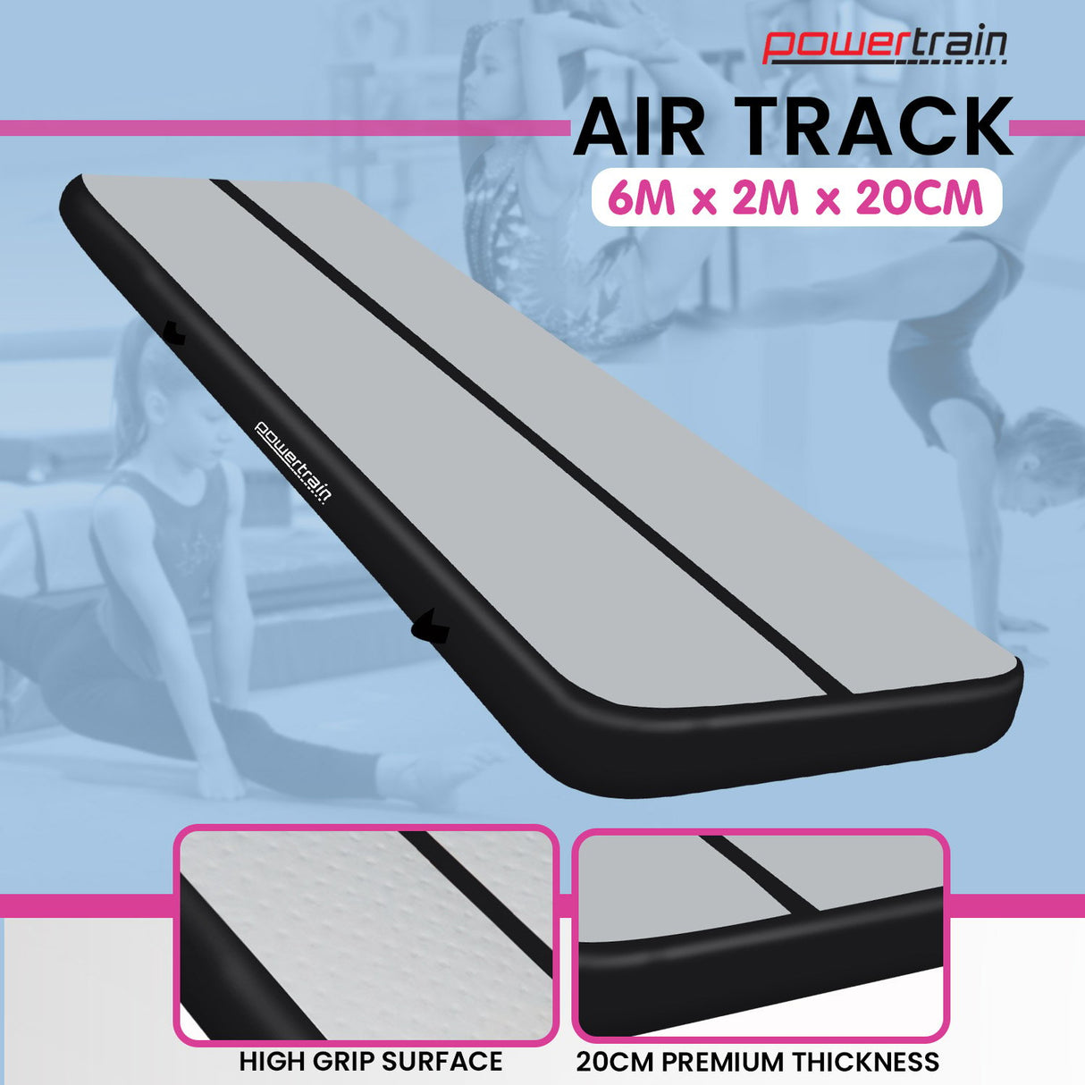 Powertrain 6m x 2m x 20cm Air Track Gymnastics Mat Tumbling Exercise - Grey Black