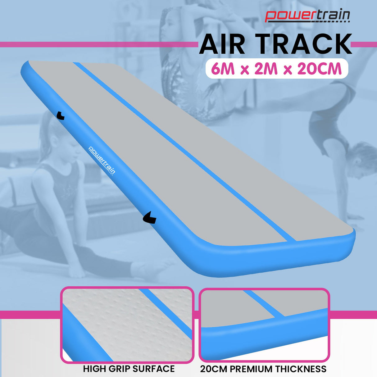 Powertrain 6m x 2m x 20cm Air Track Gymnastics Mat Tumbling Exercise - Grey Blue