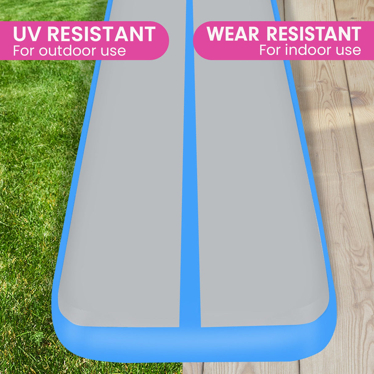 Powertrain 8m x 1m x 20cm Air Track Inflatable Gymnastics Mat Tumbling - Grey Blue