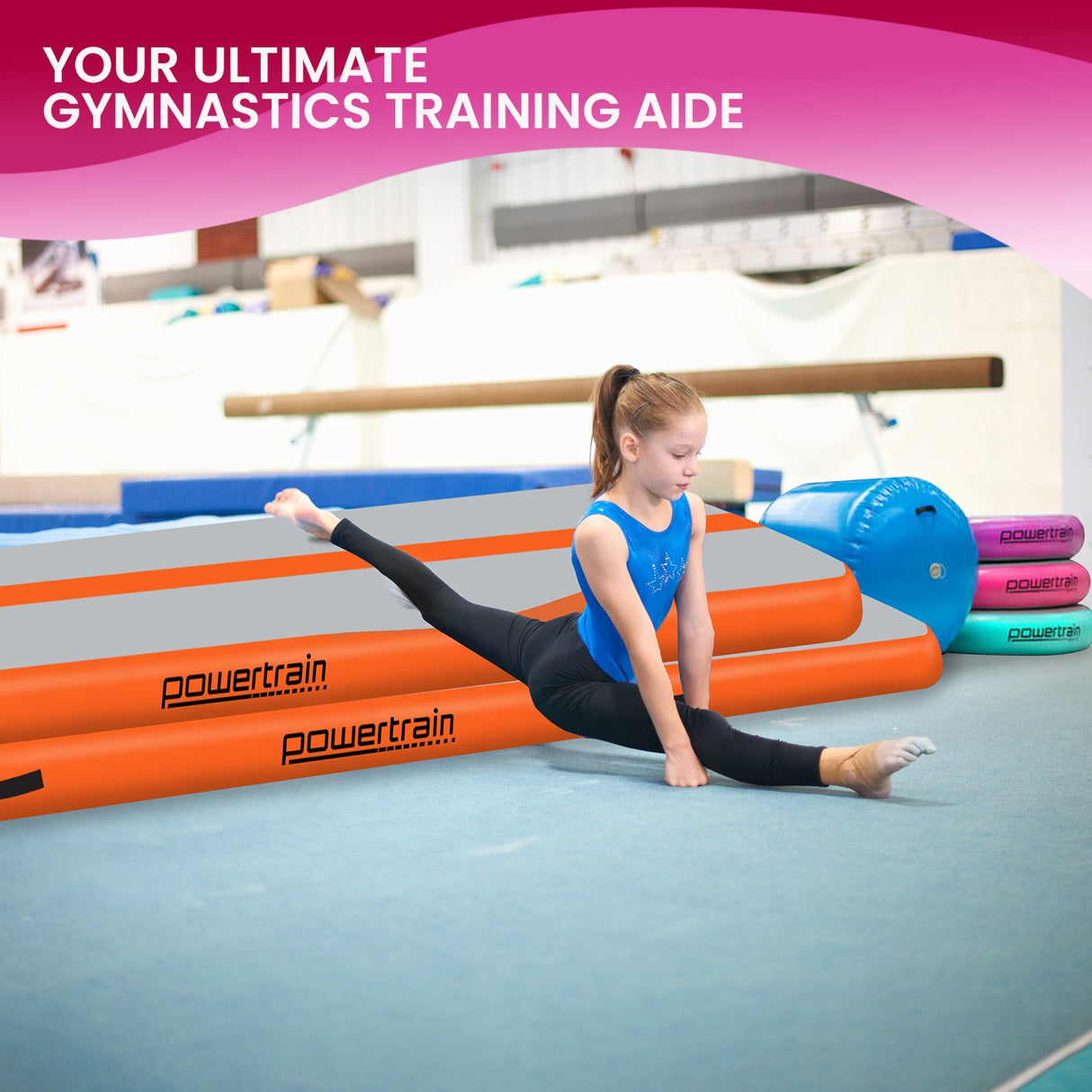 Powertrain 3m x 1m Air Track Inflatable Gymnastics Mat - Orange Grey