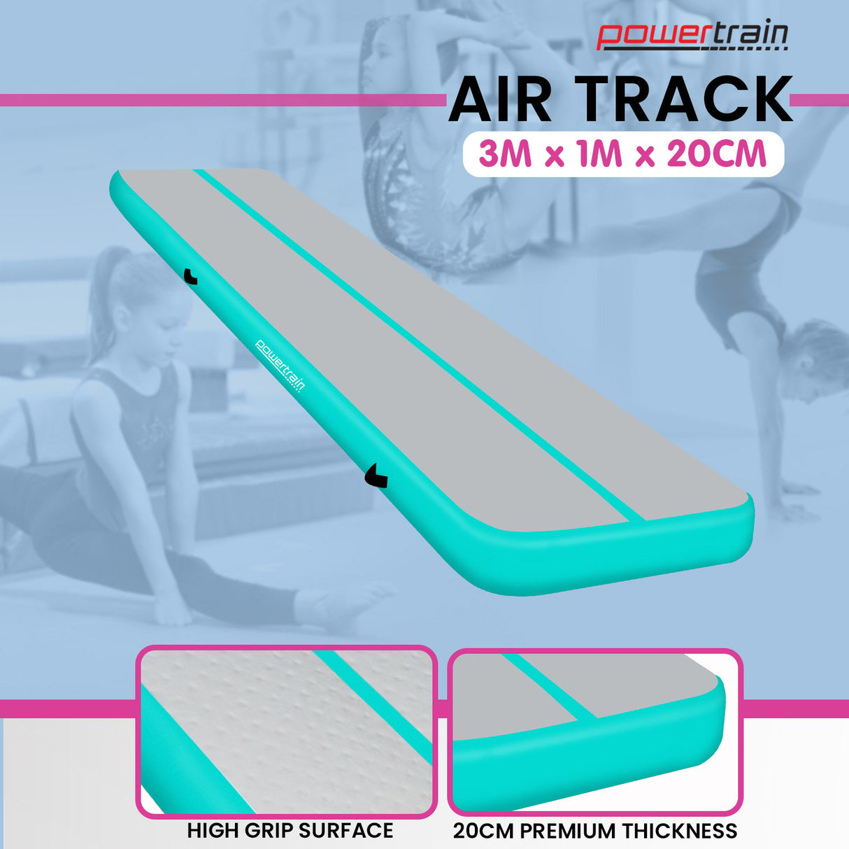 Powertrain 3m x 1m Air Track Inflatable Gymnastics Mat - Green
