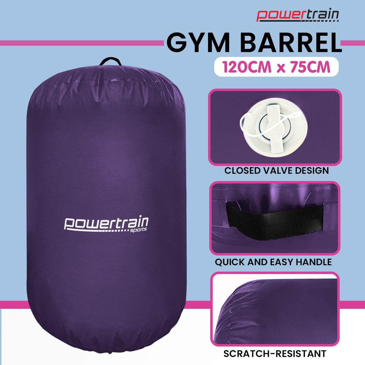 Powertrain Inflatable Air Barrel Exercise Roller 120cm x 75cm - Purple