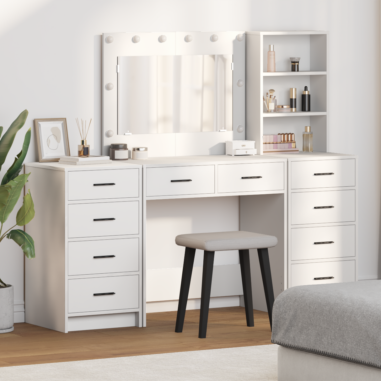 Dressing Table with Mirror Lights 3 pcs White Engineered Wood