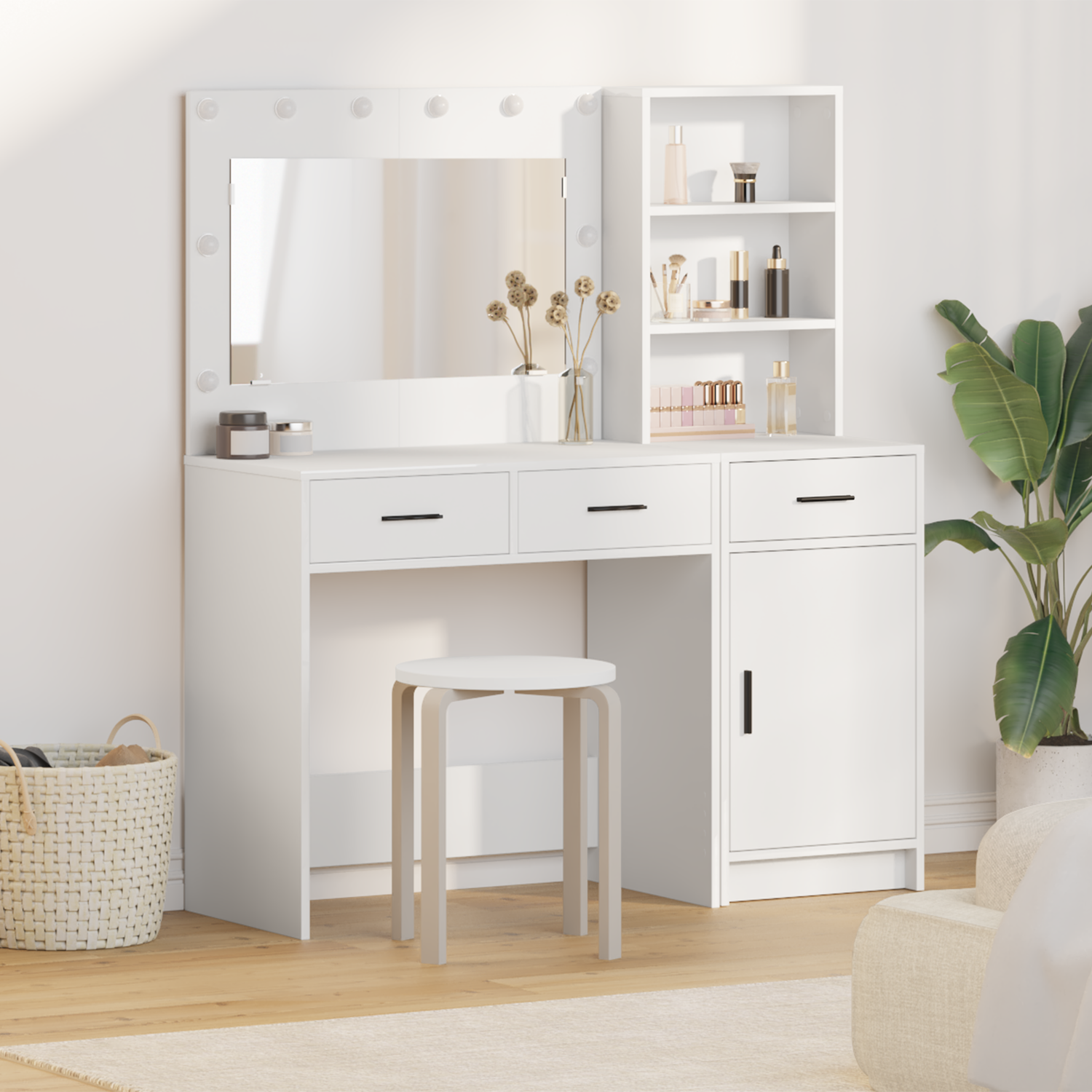Dressing Table with Mirror Lights 2 pcs White Engineered Wood