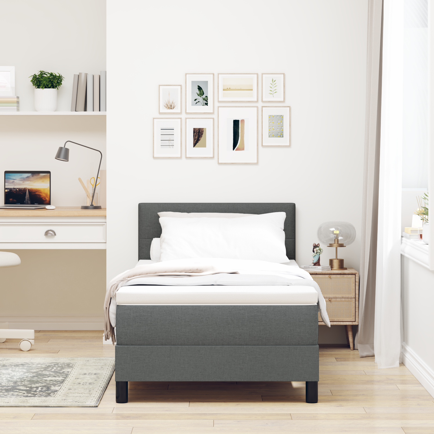 Box Spring Bed Dark Grey and White 107 x 203 cm Fabric