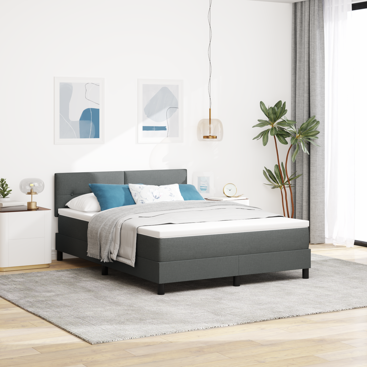 Box Spring Bed Dark Grey and White 152 x 203 cm Fabric