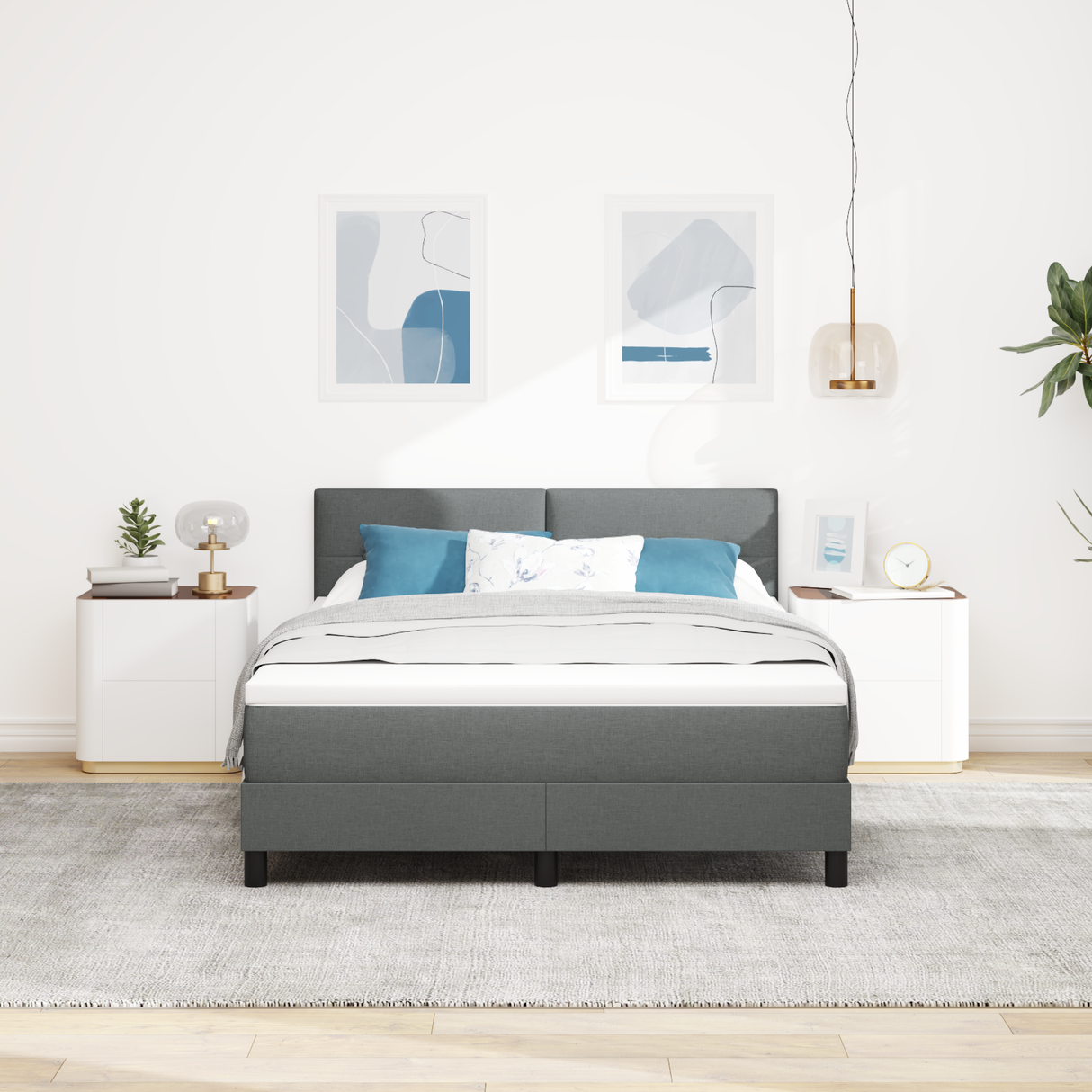 Box Spring Bed Dark Grey and White 152 x 203 cm Fabric
