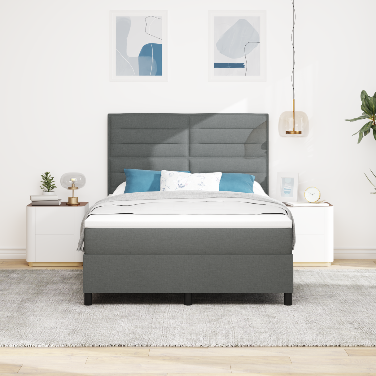 Box Spring Bed Dark Grey and White 152 x 203 cm Fabric
