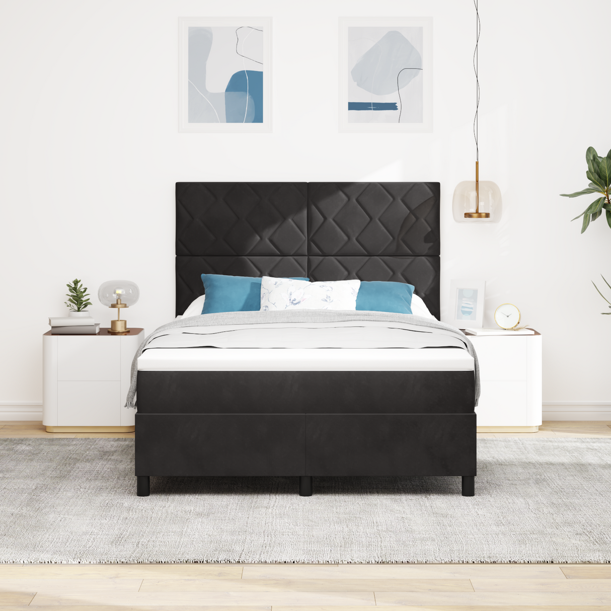 Box Spring Bed Black and White 137 x 187 cm Velvet
