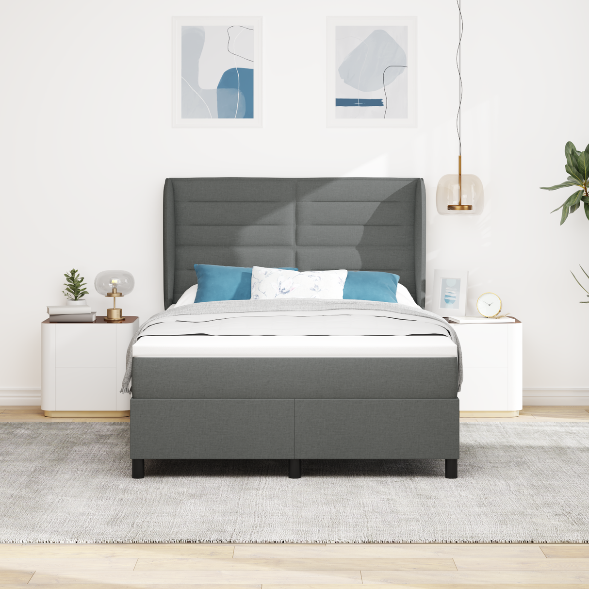 Box Spring Bed Dark Grey and White 137 x 190 cm Fabric