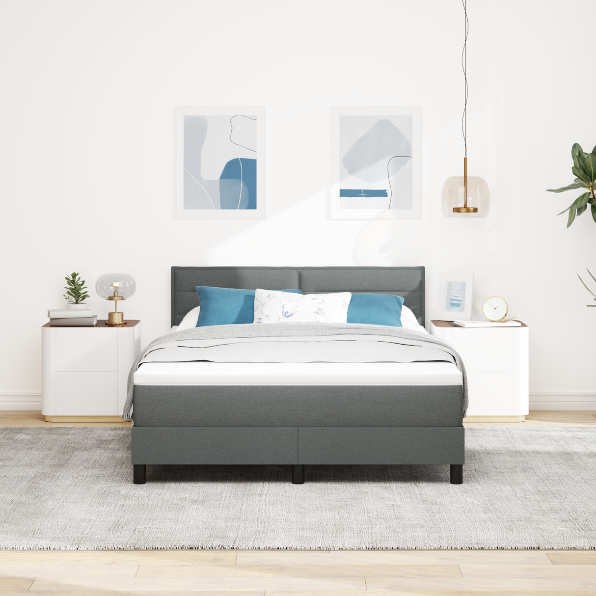 Box Spring Bed Dark Grey and White 137 x 187 cm Fabric