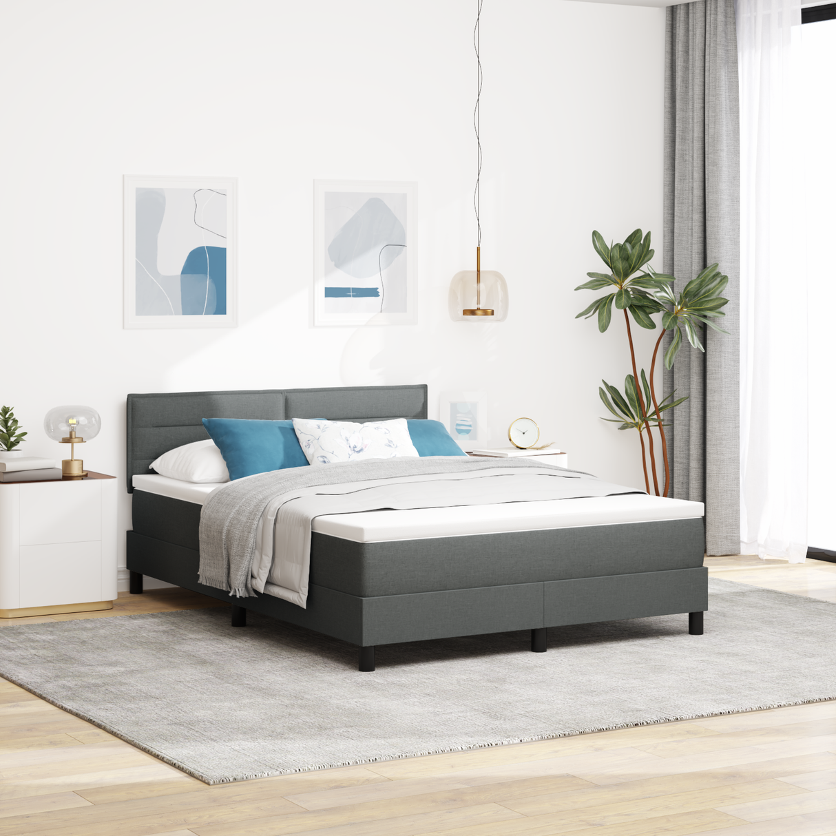 Box Spring Bed Dark Grey and White 152 x 203 cm Fabric