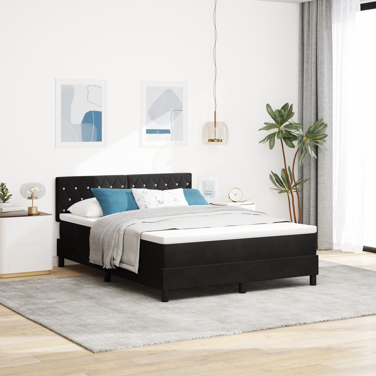 Box Spring Bed Black and White 152 x 203 cm Velvet