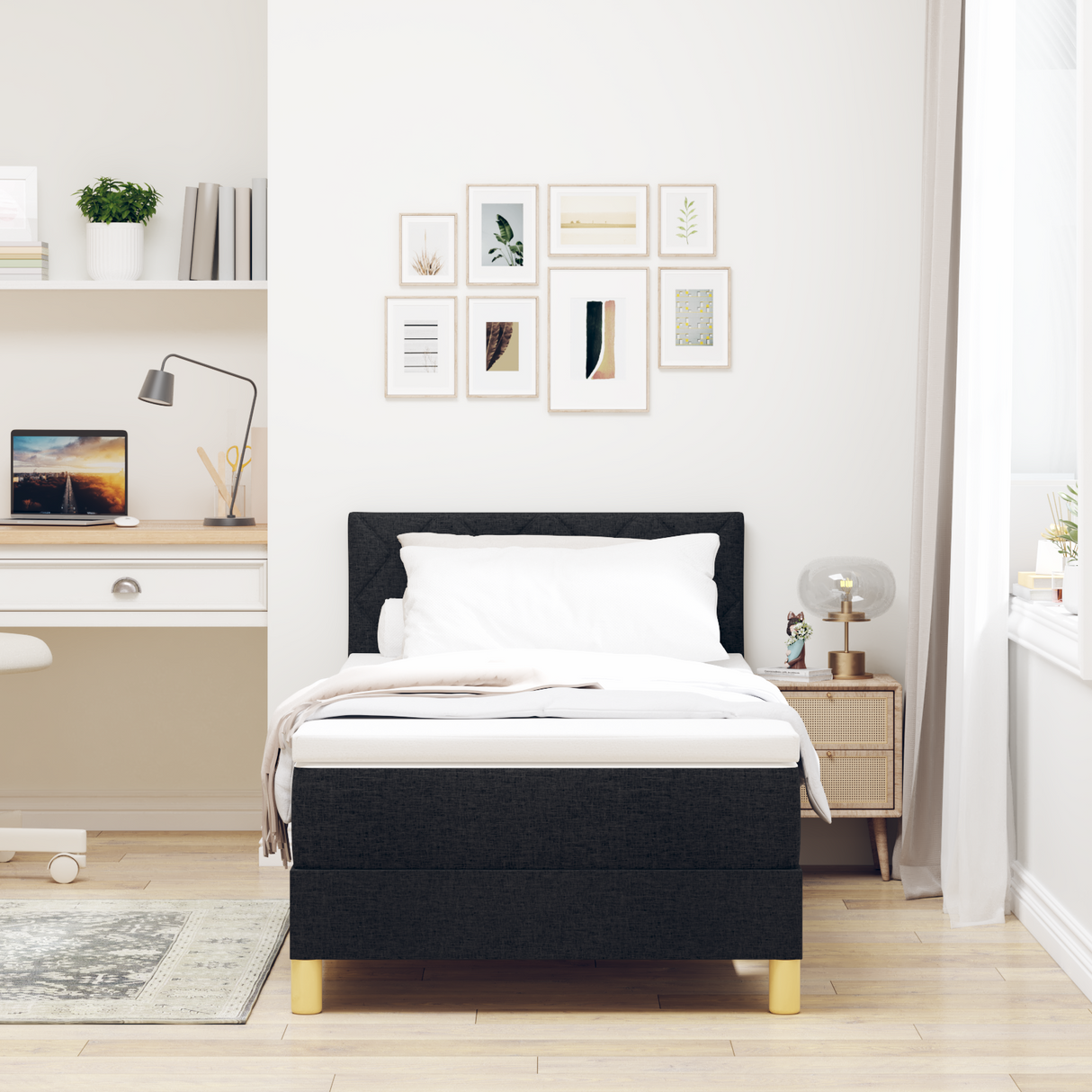 Box Spring Bed Black and White 107 x 203 cm Fabric