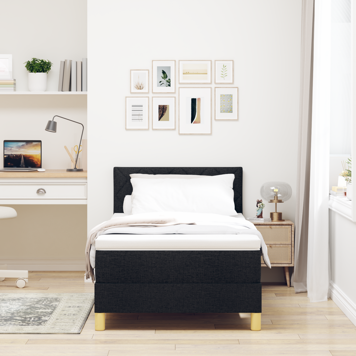 Box Spring Bed Black and White 107 x 203 cm Fabric
