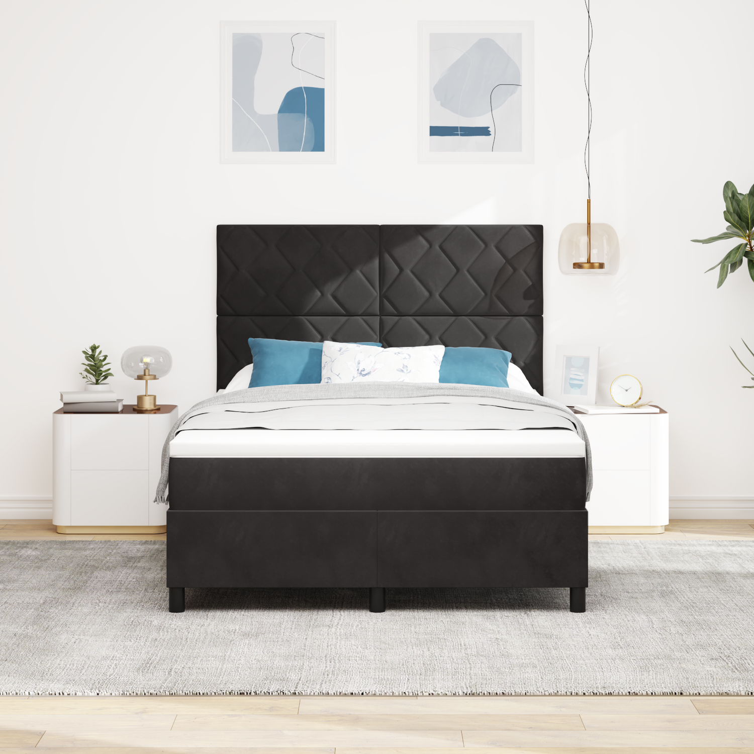 Box Spring Bed Black and White 137 x 187 cm Velvet