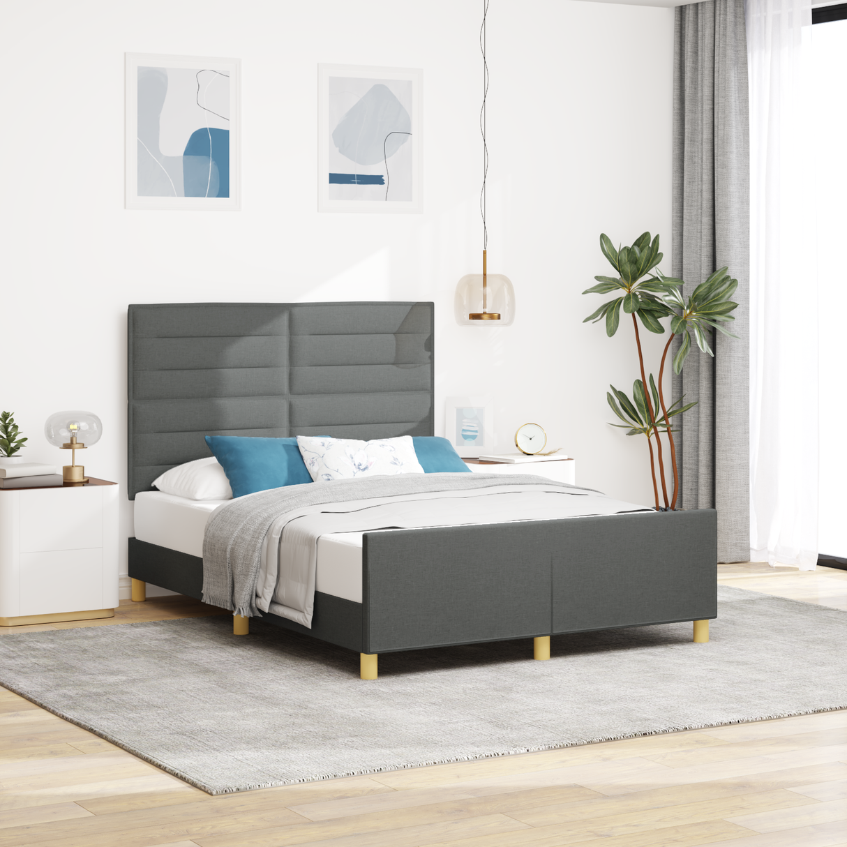 Bed Frame with Headboard Dark Grey 152 x 203 cm Fabric