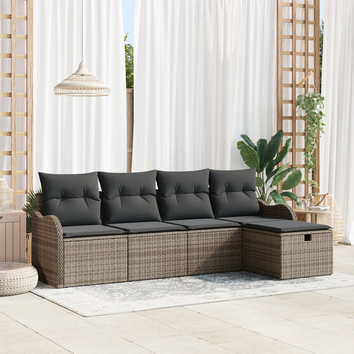 Garden Sofa Set with Cushion 5 pcs Grey Poly Rattan