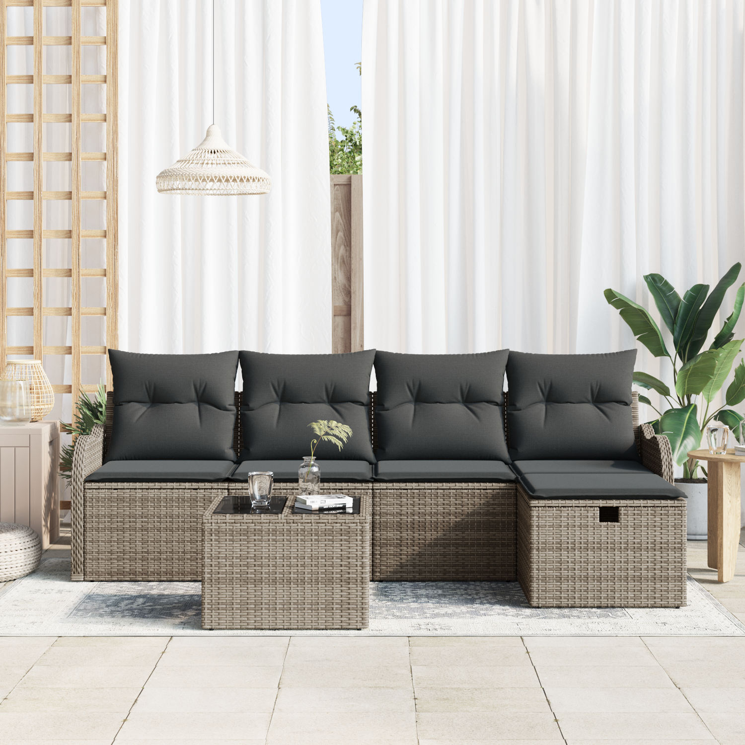 Garden Sofa Set with Cushion 6 pcs Grey Poly Rattan