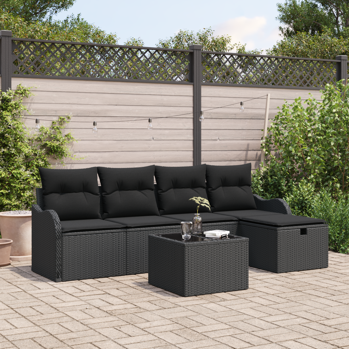 Garden Sofa Set with Cushion 6 pcs Black Poly Rattan