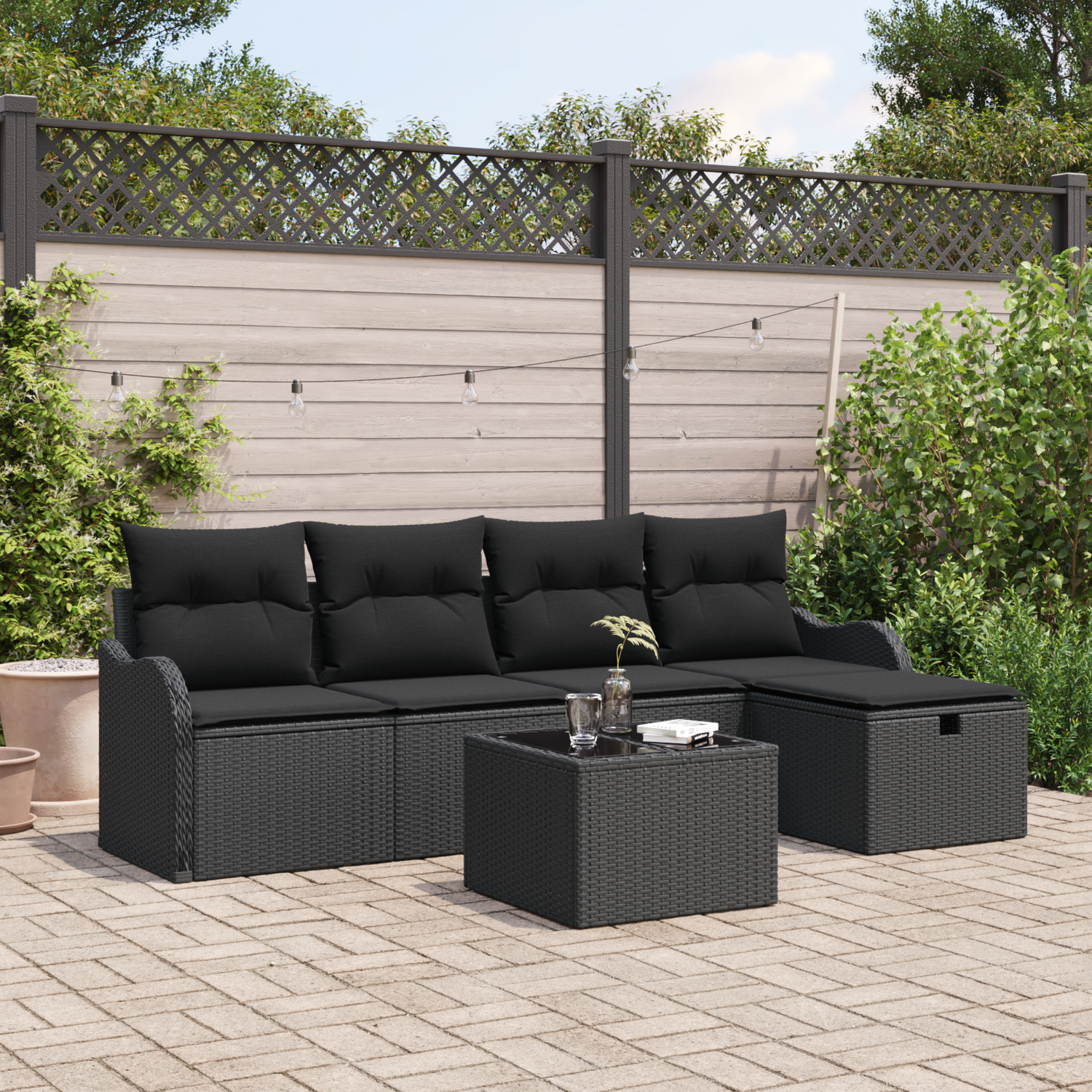 Garden Sofa Set with Cushion 6 pcs Black Poly Rattan