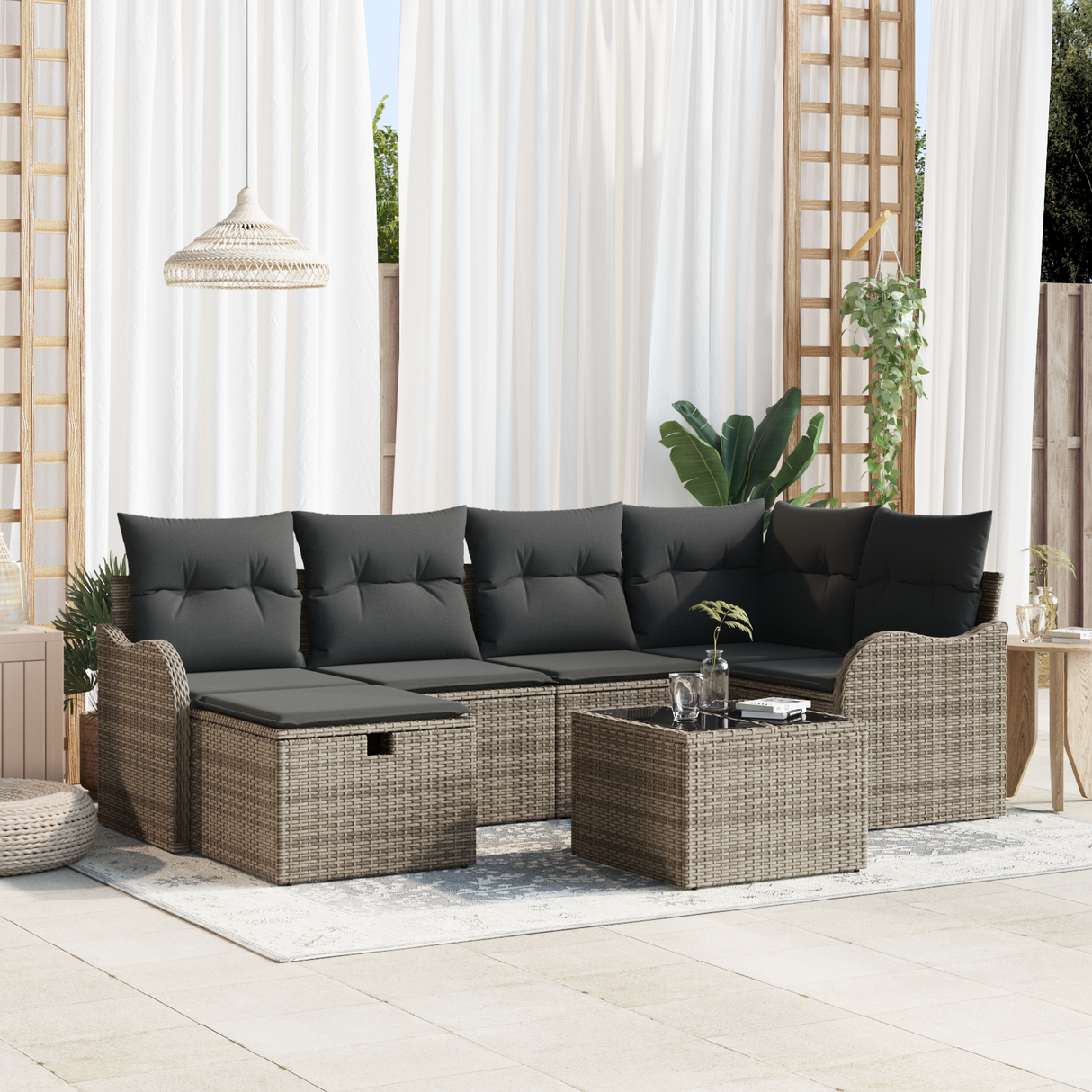 Garden Sofa Set with Cushion Manual 7 pcs Grey Poly rattan