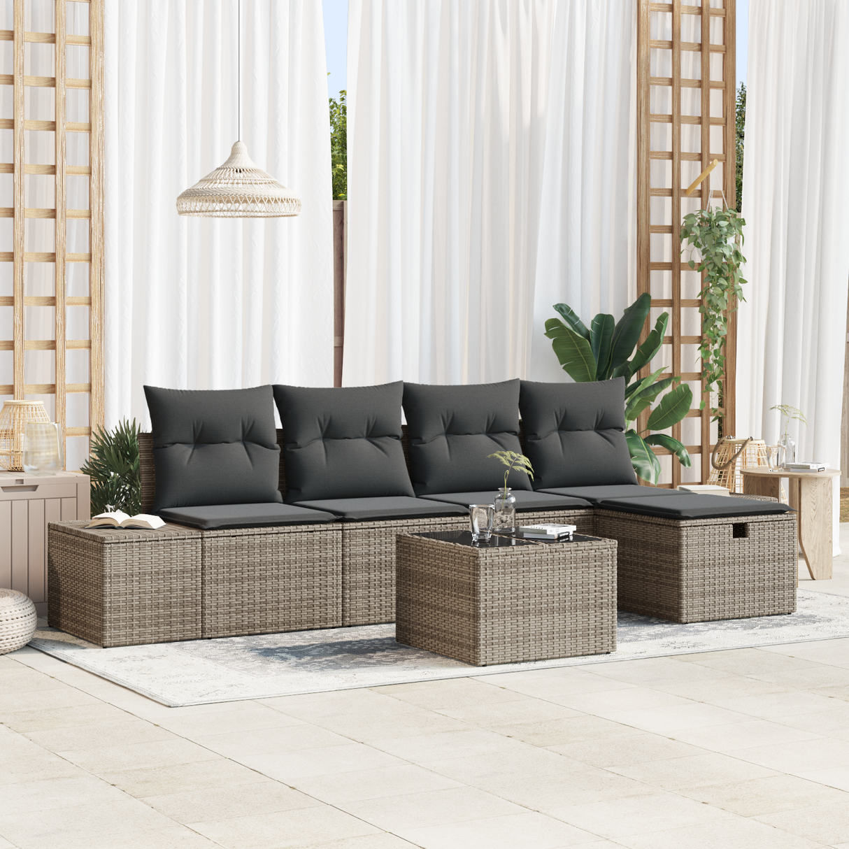 Sofa Set with Cushion 5 pcs Poly Rattan