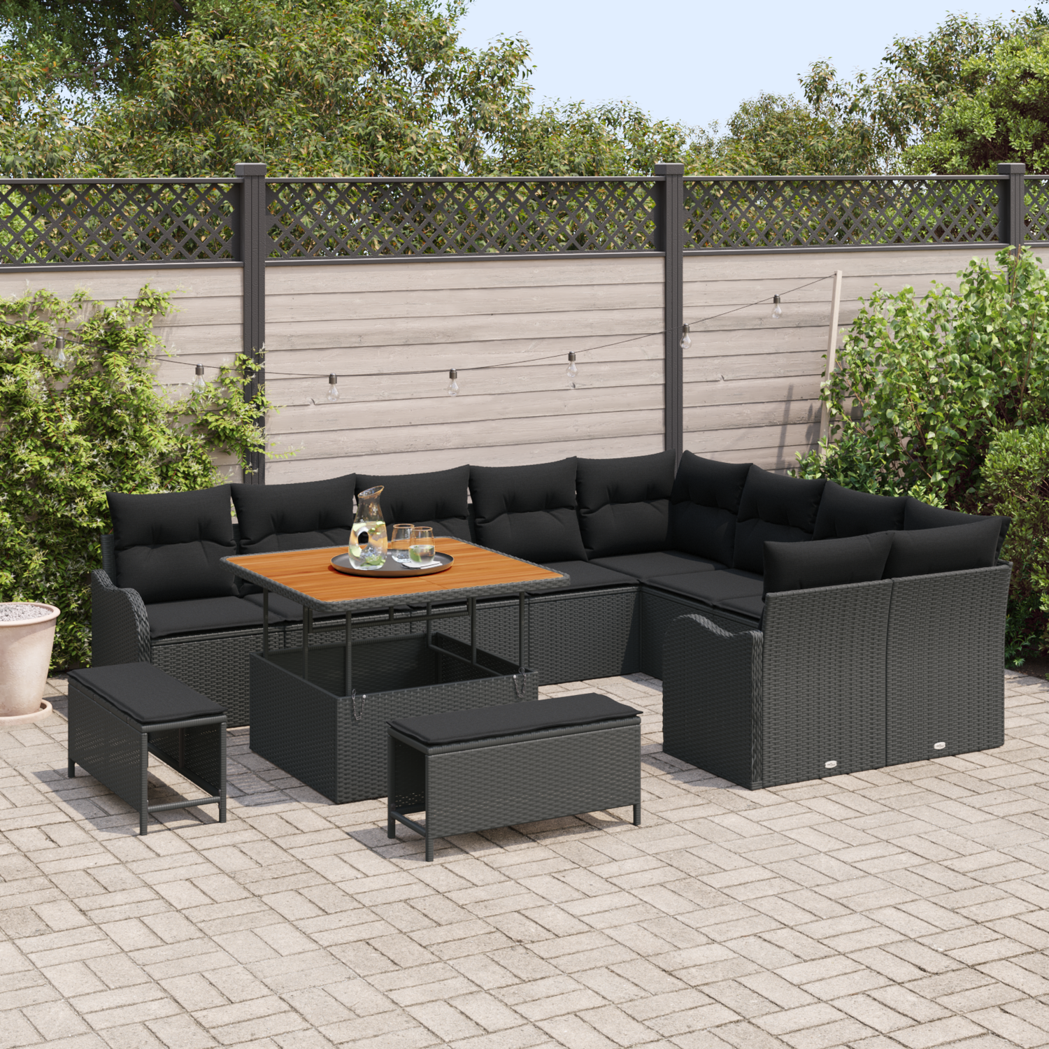 Garden Sofa Set with Cushion with Storage 12 pcs Black