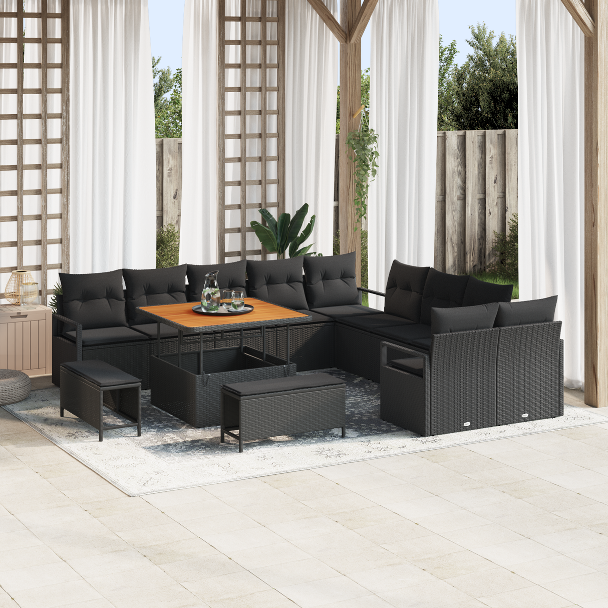 Garden Sofa Set with Cushion with Storage 13 pcs Black