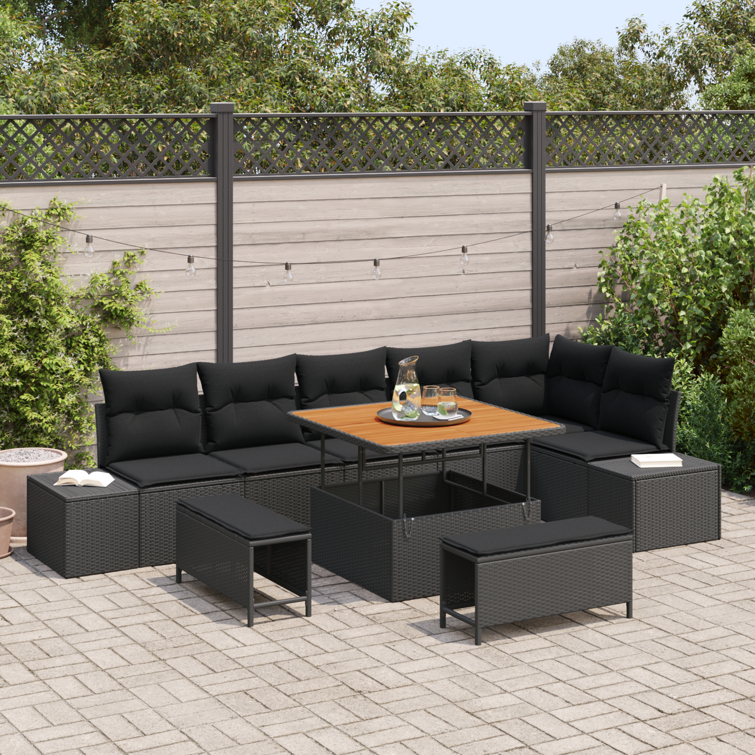Garden Sofa Set with Cushion 9 pcs Black Poly rattan