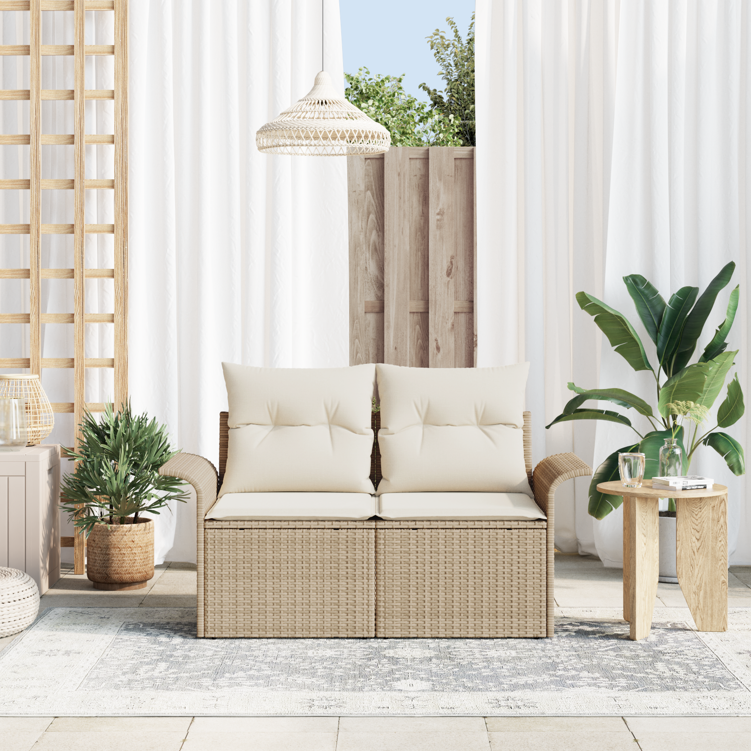 Garden Sofa with Cushion Beige 141 x 62 x 69 cm Poly Rattan