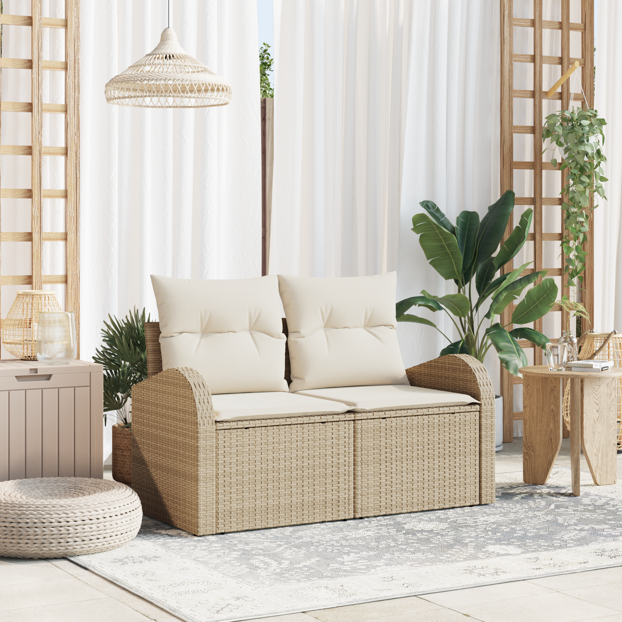 Garden Sofa with Cushion Beige 124 x 62 x 69cm Poly Rattan