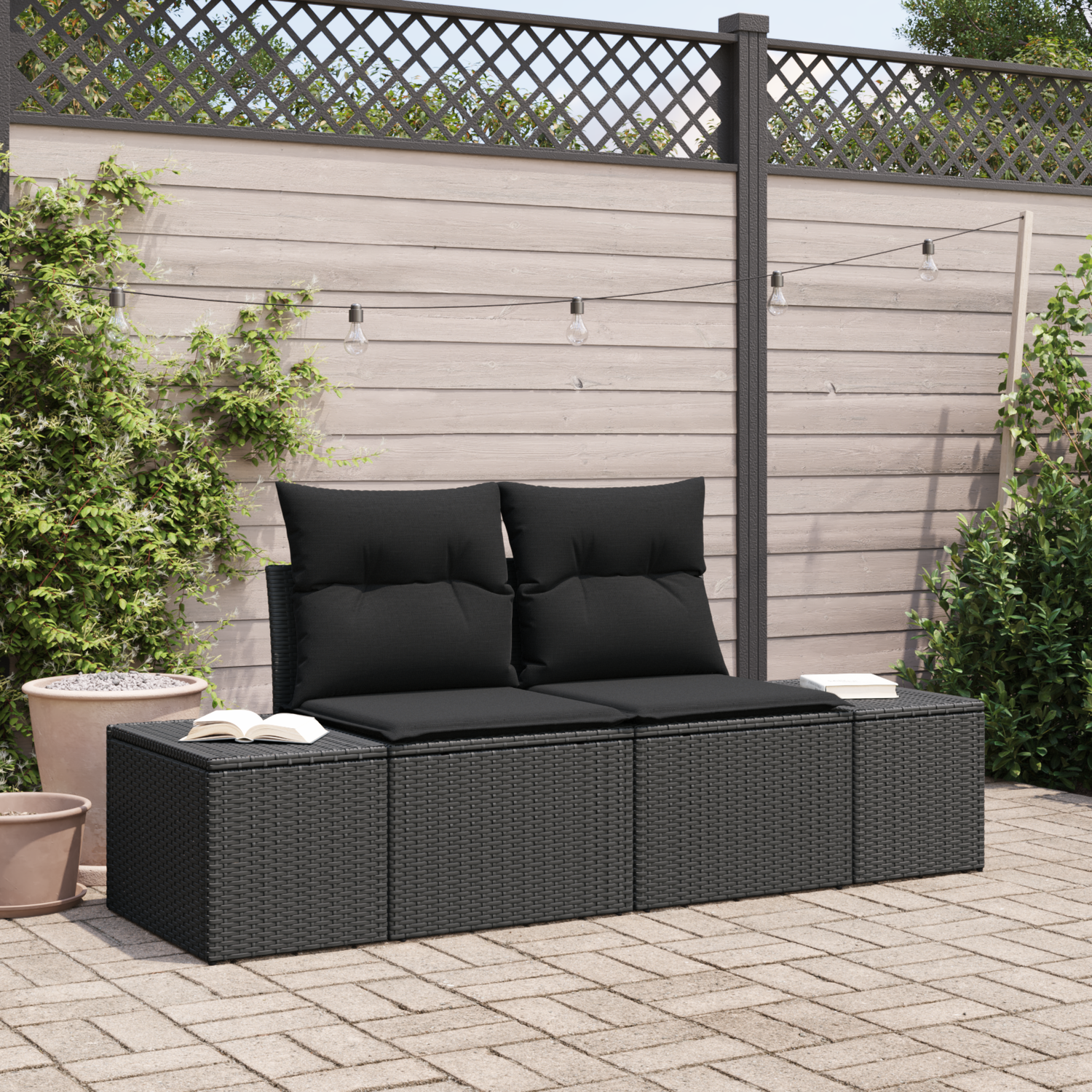 Garden Sofa with Cushion Black 184 x 62 x 69 cm Poly Rattan
