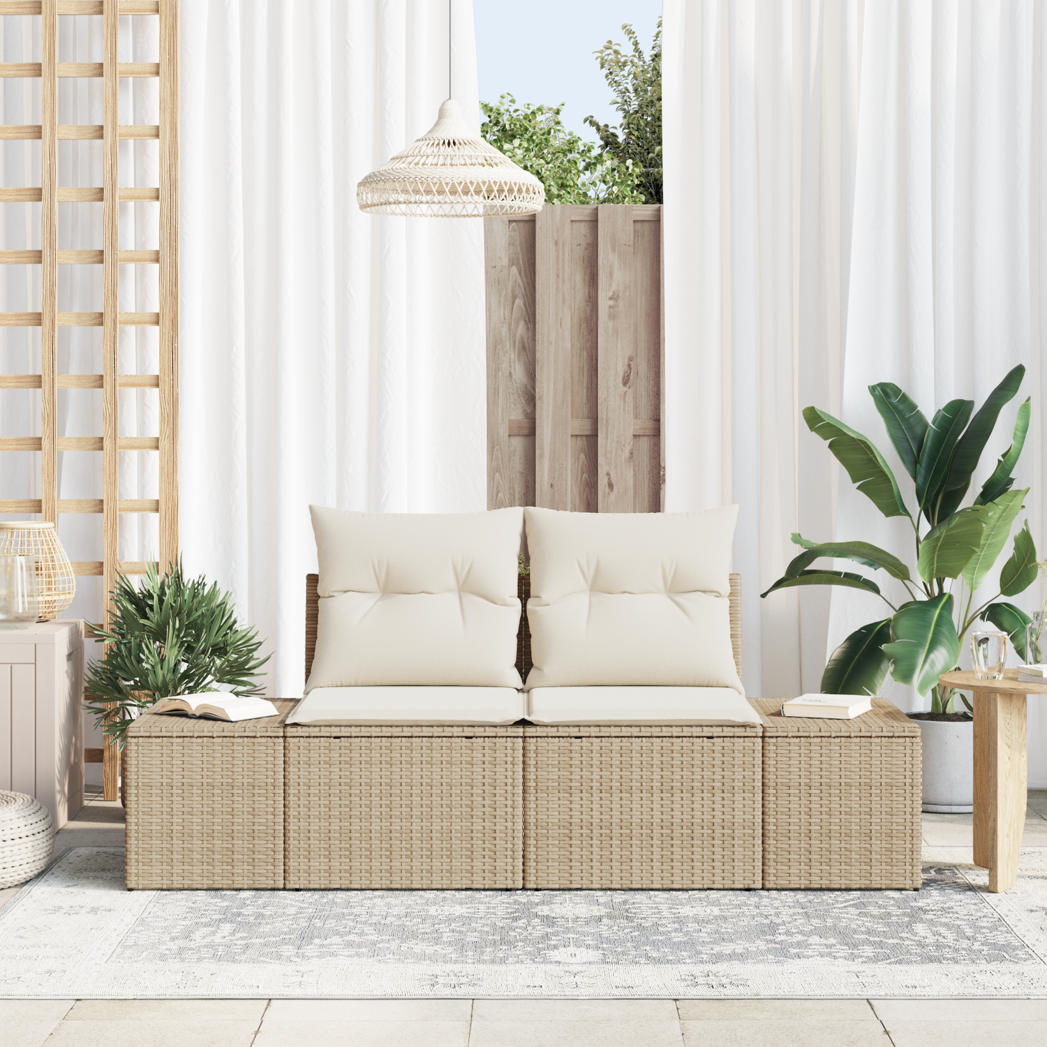 Garden Sofa with Cushion Beige 184 x 62 x 69 cm Poly Rattan