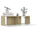 TV Cabinet White and Sonoma Oak 100x30x30 cm Engineered Wood - Side View