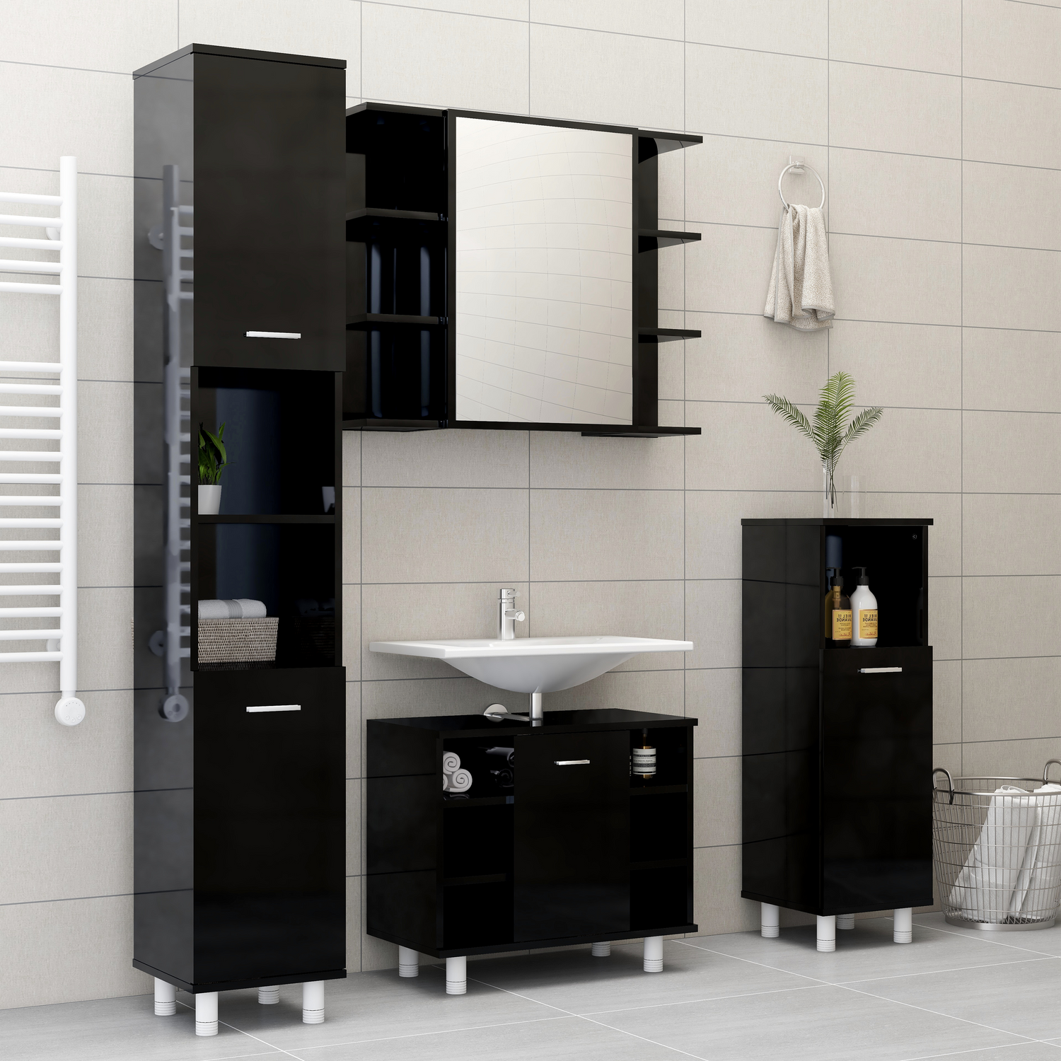 Bathroom Cabinet High Gloss Black 30x30x179 cm Engineered Wood