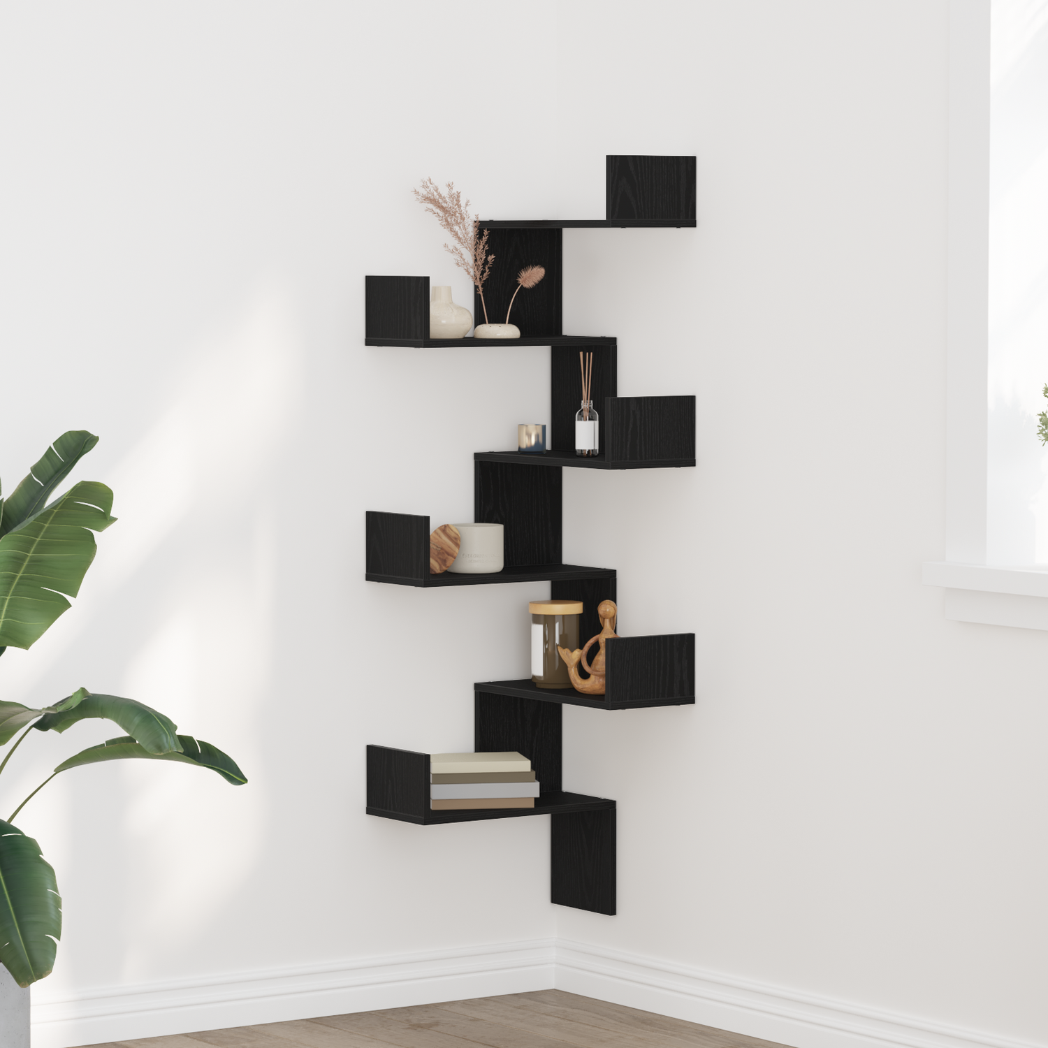 Wall Corner Shelf with Shelf Black Oak 45 x 45 x 147 cm
