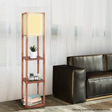 Sarantino Etagere Floor Lamp Off-White Fabric Shade in Wood Finish - Rear View