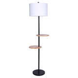 Sarantino Metal Floor Lamp Shade with Black Post in Round Wood Shelves - Close-Up Angle
