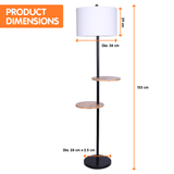 Sarantino Metal Floor Lamp Shade with Black Post in Round Wood Shelves - Low Angle
