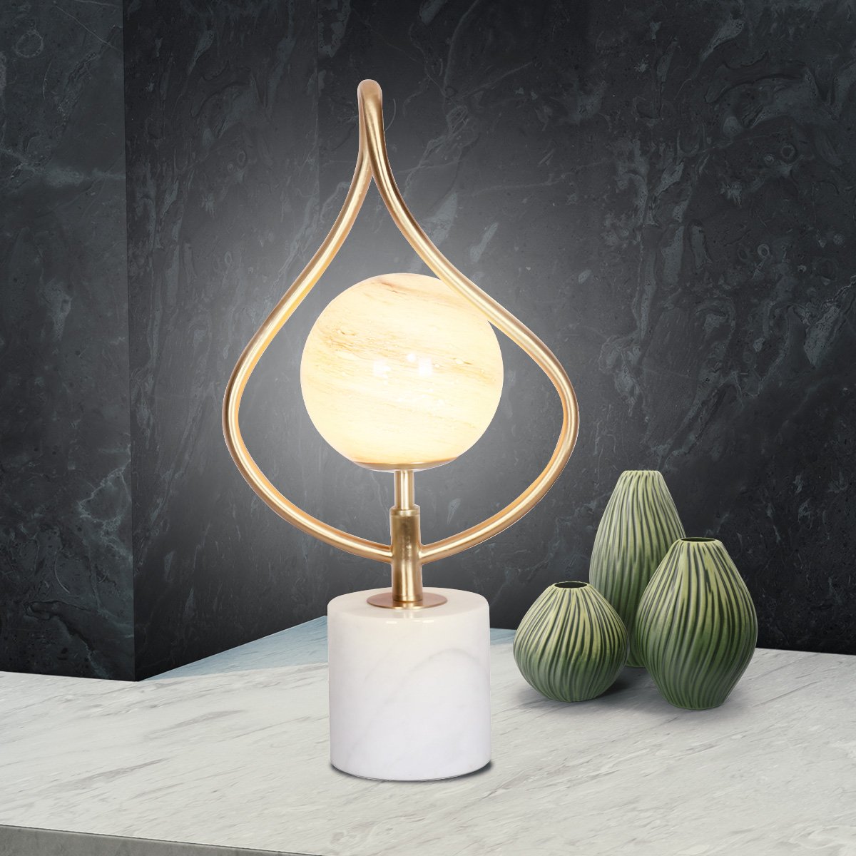 Sarantino Sculptural Orange Glass Table Lamp with White Marble Base