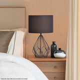 Sarantino Metal Wire Table Lamp in Black Finish With Black Drum Shade - Low Angle