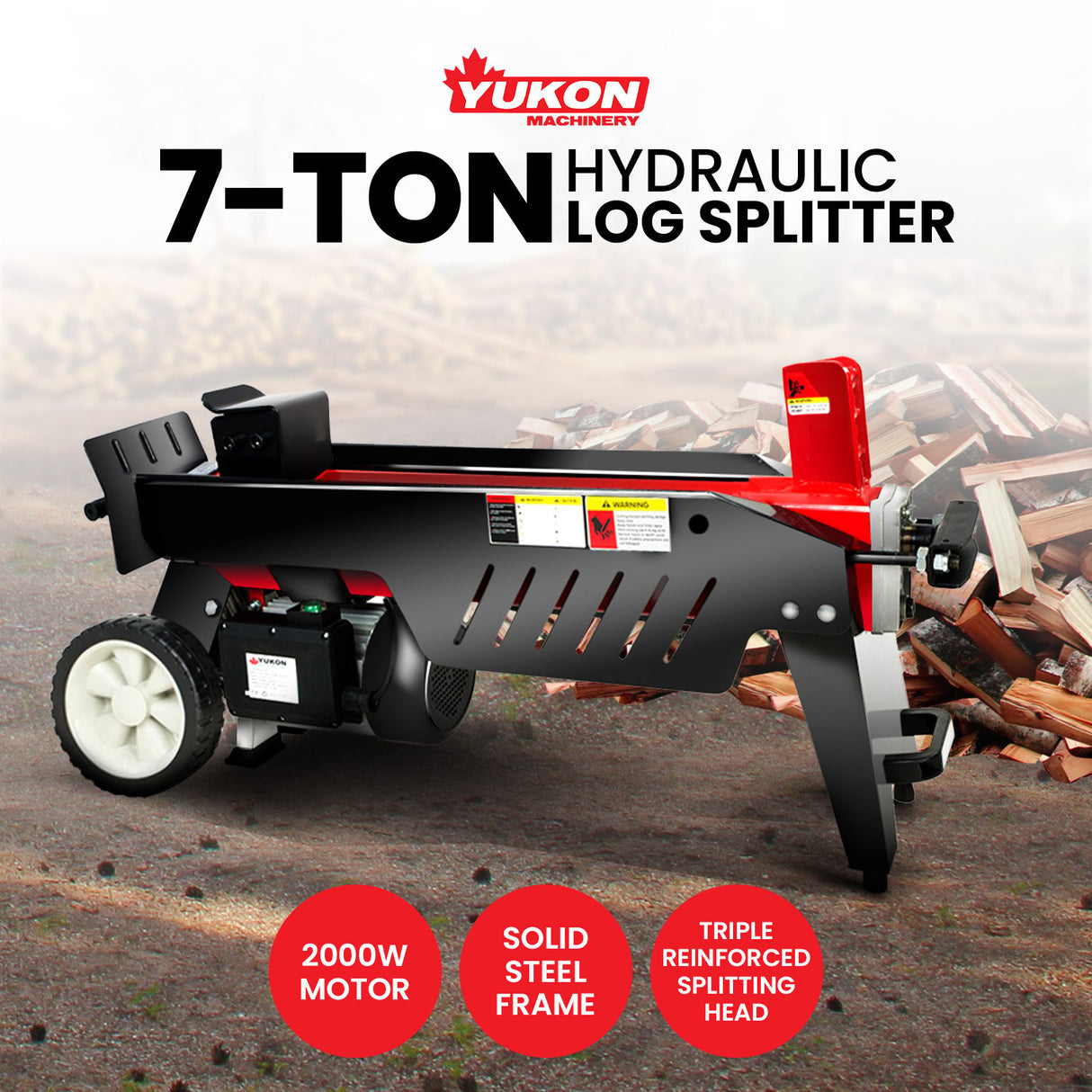 Yukon 7 Tonne 2000W Electric Hydraulic Log Splitter Wood Cutter with Side Protectors