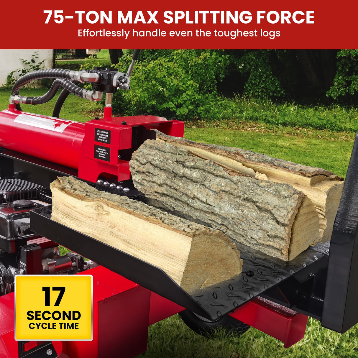 Yukon 75 Tonne Hydraulic Petrol 420cc Log Splitter Electric Key Start Vertical and Horizontal