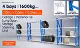 4-Bay shelving 4m-wide 400kg - Front View